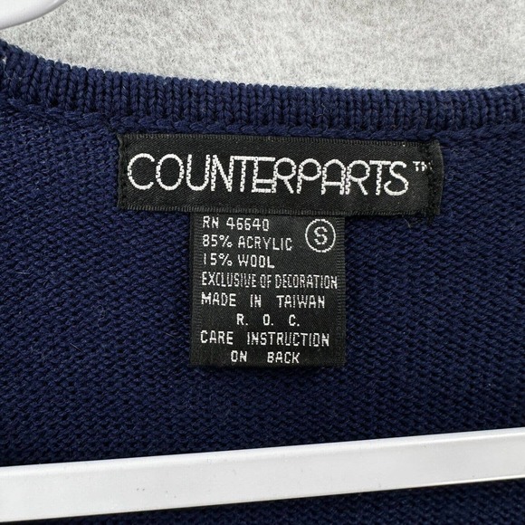 Vintage Counterparts Cardigan Sweater Womens SMALL‎ Navy Blue Crested Logo Wool - Picture 11 of 14